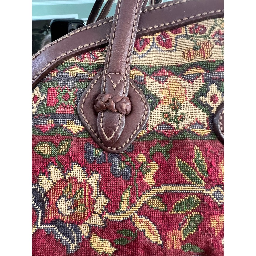 Vintage Liz Claiborne Tapestry Clamshell Satchel Purse Floral Woven Leather Trim - Picture 3 of 13